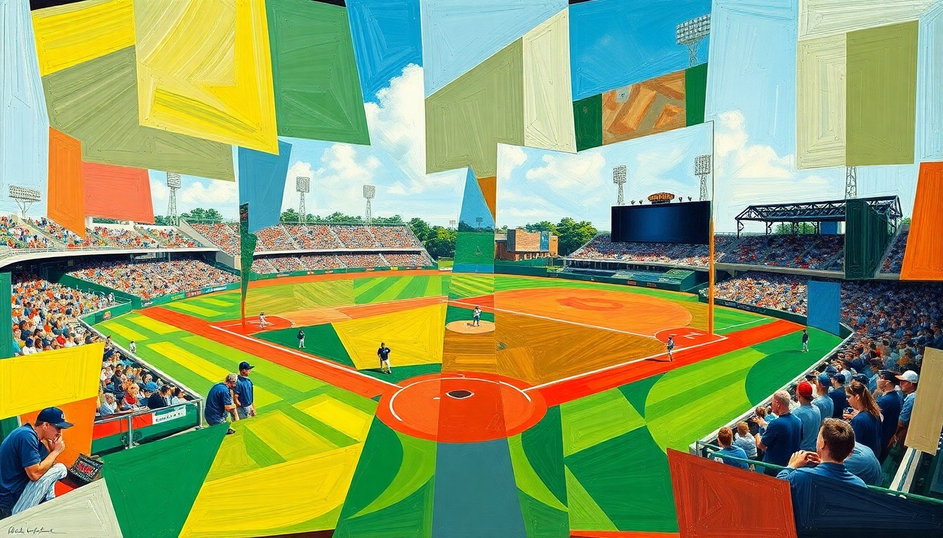 A fragmented, geometric painting depicting a high school baseball game, with the players and field broken down into sharp, overlapping planes of vibrant colors and dynamic shapes, conveying the energy and intensity of the sport.