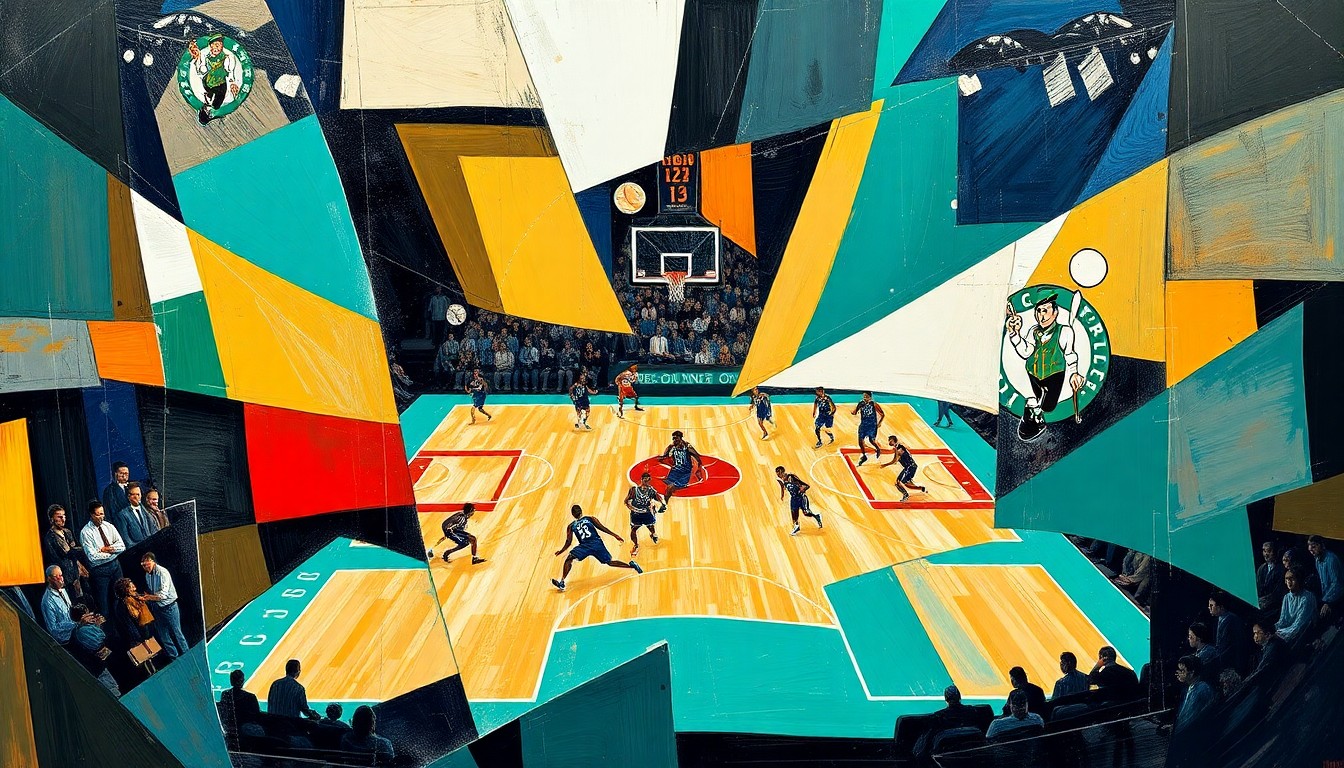 A fragmented, geometric painting depicting the movements and energy of a basketball game, with players and court lines broken down into sharp, overlapping planes of color.