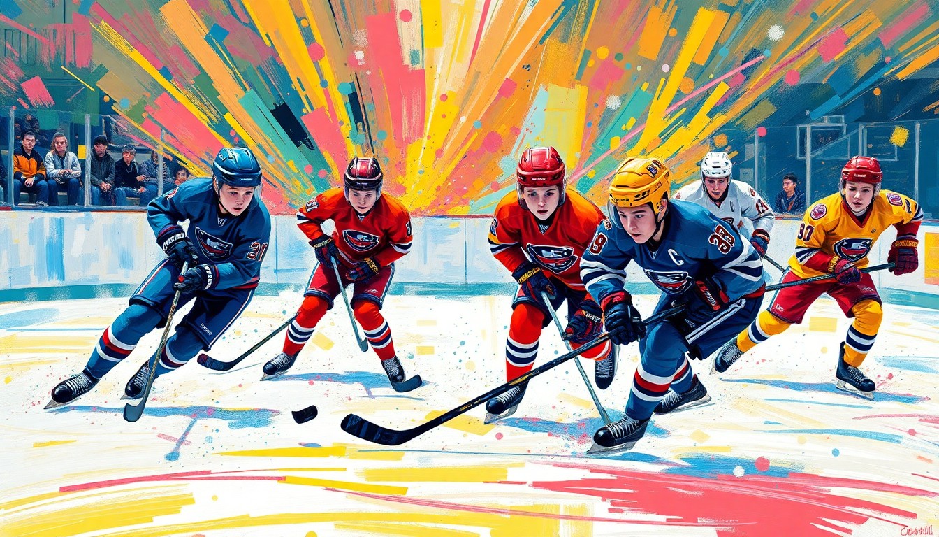 An abstract, expressionist painting in neon colors depicting the dynamic movement and emotion of diverse youth hockey players competing on the ice, their faces and details dissolved into energetic brushstrokes.