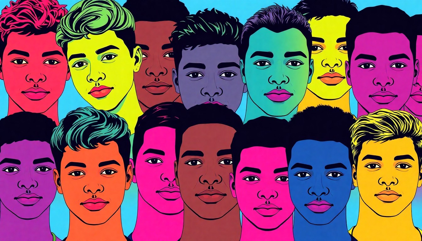 A bold, colorful silkscreen-style illustration featuring a grid of diverse teenage boys' faces, representing the participants in the Project Alpha mentorship program.