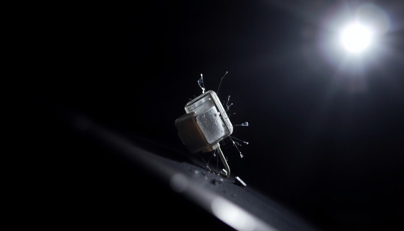 An extreme close-up photograph of a damaged car sensor or broken glass from a vehicle, capturing the stark, gritty aftermath of a reported incident involving a truck crashing into a local auto repair shop.