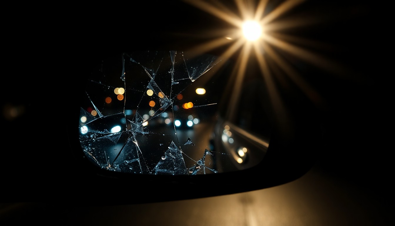 An extreme close-up of a shattered car side mirror, reflecting a blurry street scene in harsh, dramatic lighting, conceptually illustrating the aftermath of a fatal hit-and-run incident.