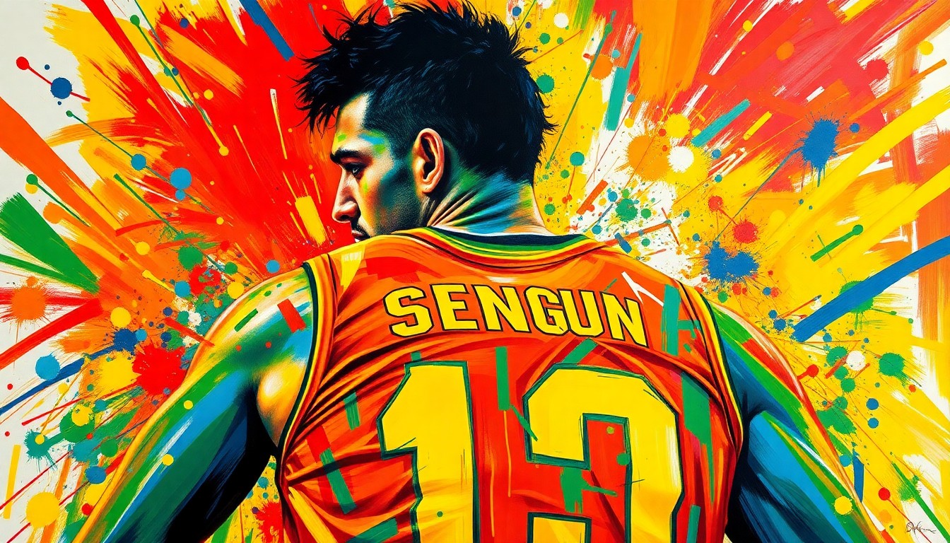 An abstract, energetic painting featuring bold, neon-colored brushstrokes that capture the dynamic movement and intensity of a basketball player's performance, with their features obscured in the vibrant expressionist style.