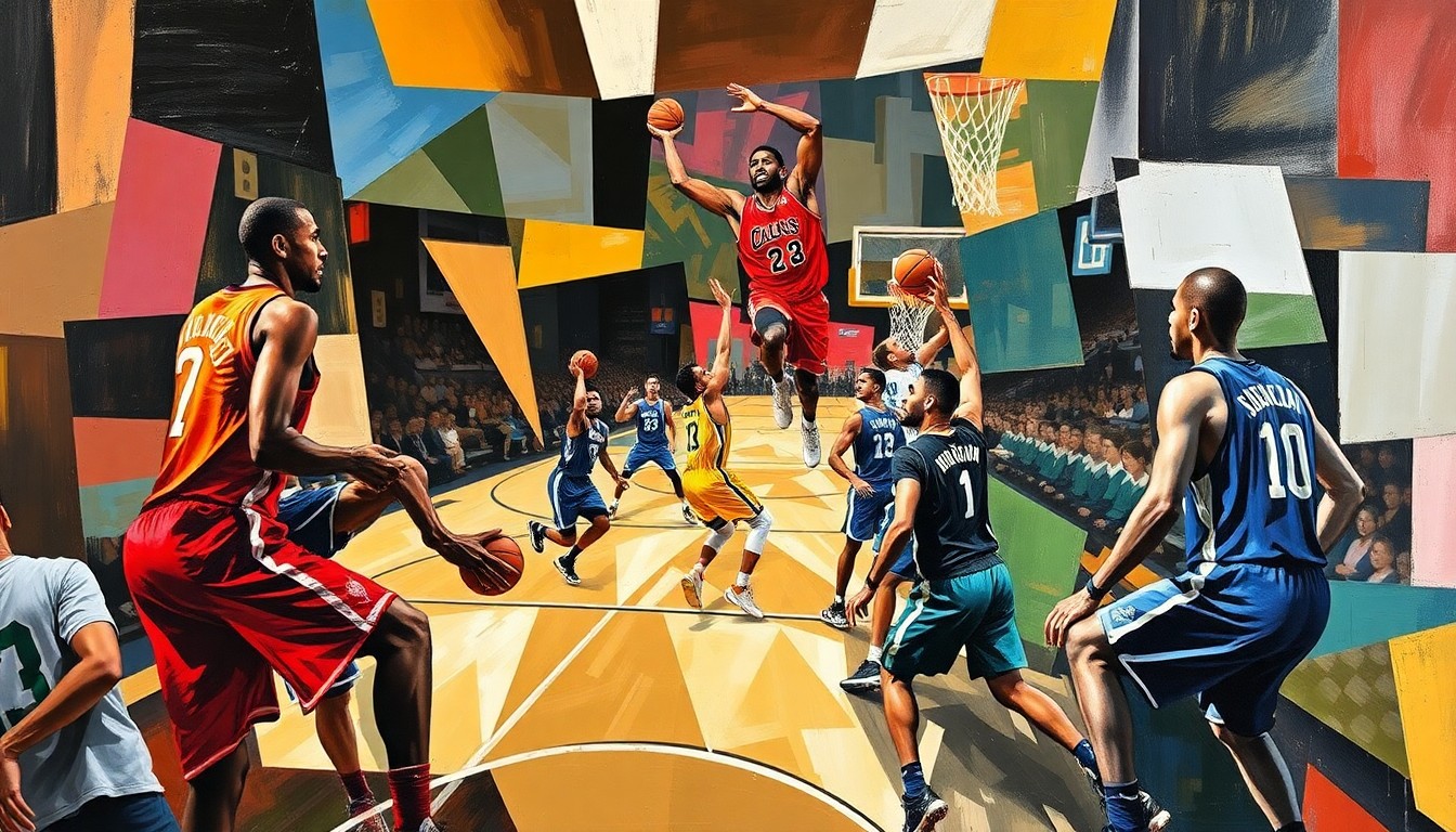A cubist, geometric painting depicting the fragmented forms of basketball players in motion, with sharp lines and overlapping planes of color capturing the intensity of the game.