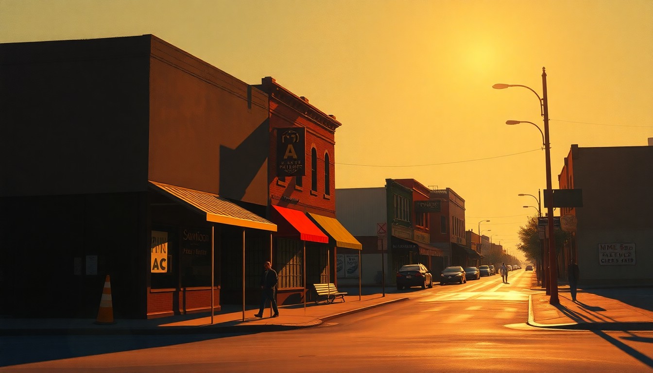 A serene, nostalgic painting of a quiet Pine Bluff street corner, with a few pedestrians walking by under the warm glow of the afternoon sun, capturing the city's potential for revitalization.