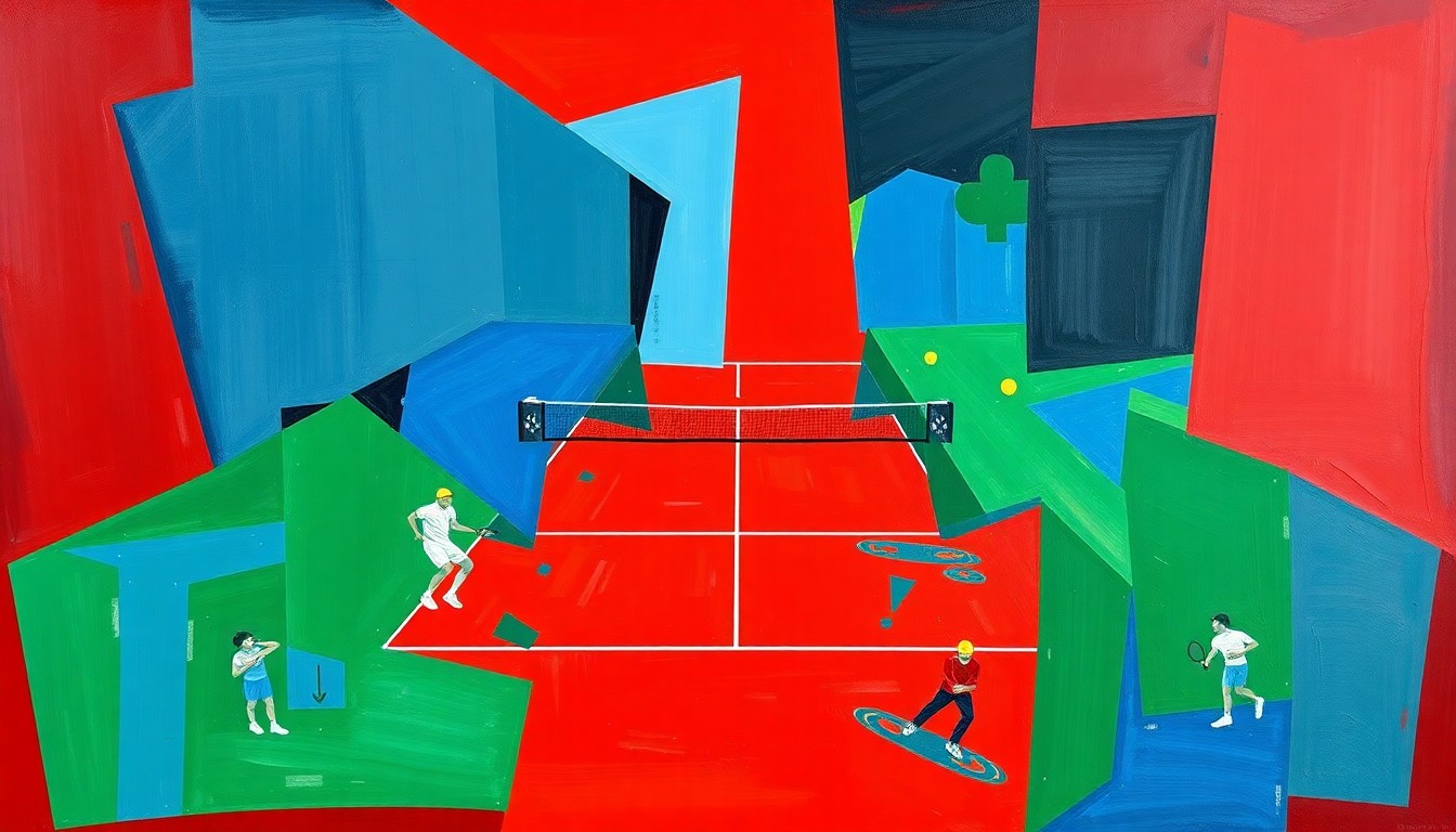 A cubist, geometric painting depicting the intense action of a tennis match, with sharp, overlapping planes of color representing the dynamic movement and energy of the game.