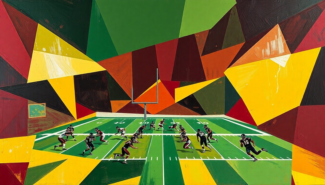A cubist-style painting depicting a high school football game, with the players and field broken down into sharp, overlapping geometric shapes in a palette of deep burgundy, forest green, and golden yellow.