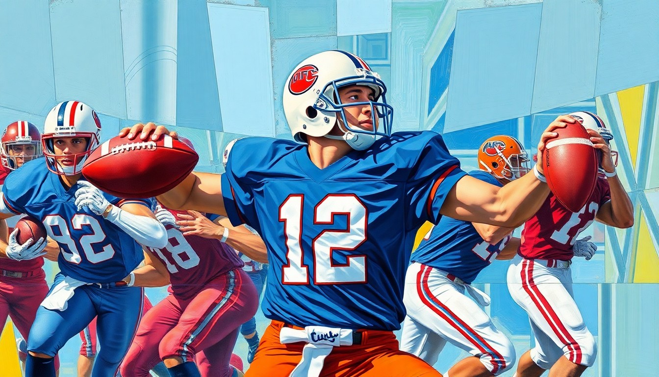 A cubist, geometric painting depicting a high school football quarterback in mid-throw, with the player's body and the ball broken into overlapping planes of vibrant colors representing the energy and competitive nature of the sport.