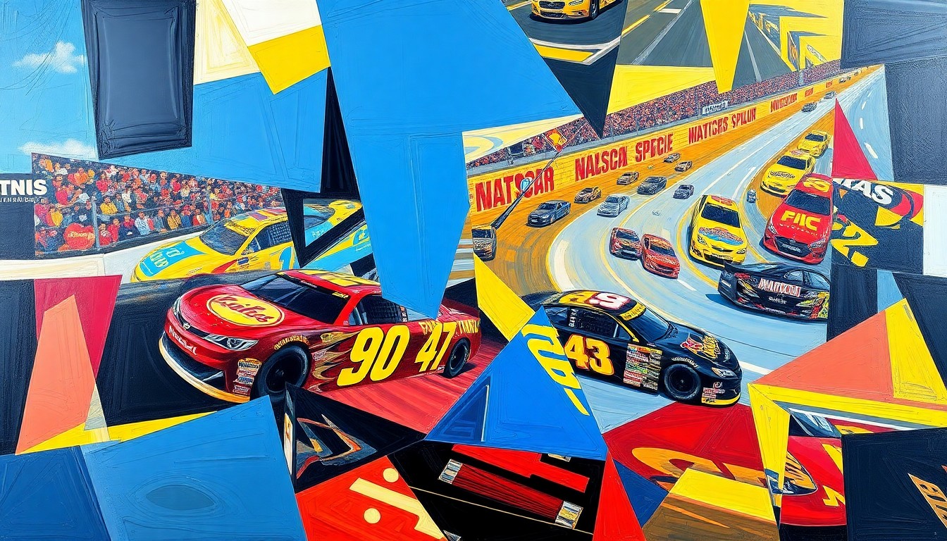 A fractured, multi-perspective painting featuring overlapping geometric shapes in vibrant blues, reds, and yellows, conceptually representing the intense competition and energy of a NASCAR race at Martinsville Speedway.