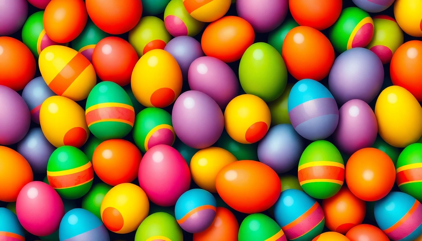 A bold, colorful silkscreen print featuring a repeated image of a brightly decorated Easter egg, conceptually representing the inclusive and celebratory nature of the community event.