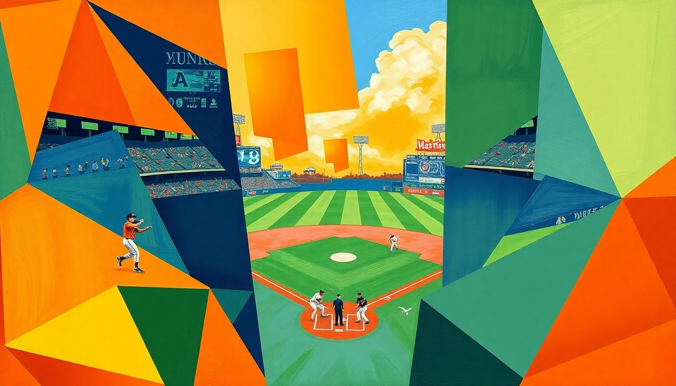 A cubist, geometric painting depicting a baseball game in motion, with players and the field of play abstracted into sharp, overlapping shapes in a vibrant color palette, capturing the energy and dynamism of the game.