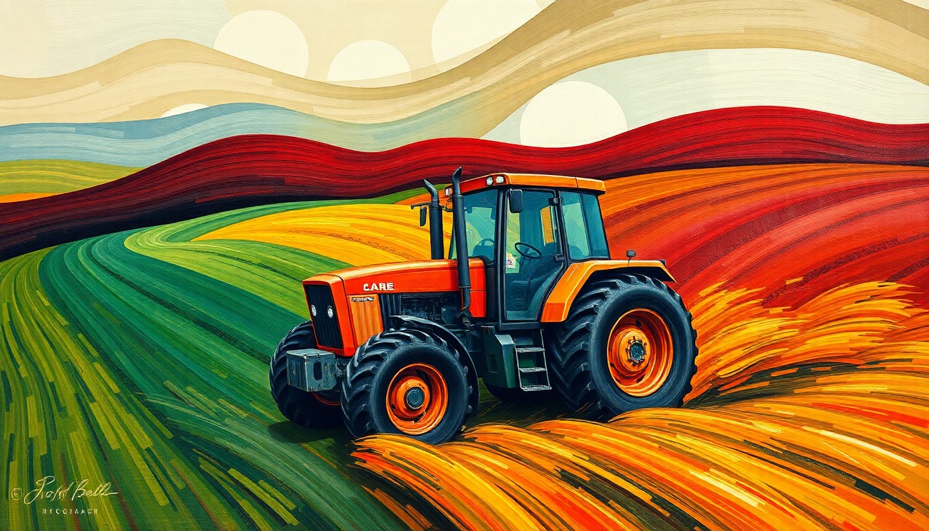 A vibrant, abstract painting of a tractor speeding through a field, with overlapping geometric shapes and waves of color, conceptually representing the intersection of technology, data rights, and agricultural interests.