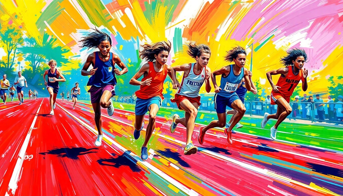 An abstract, energetic painting using vibrant neon brushstrokes to depict the dynamic motion of high school track and field athletes racing on a track.
