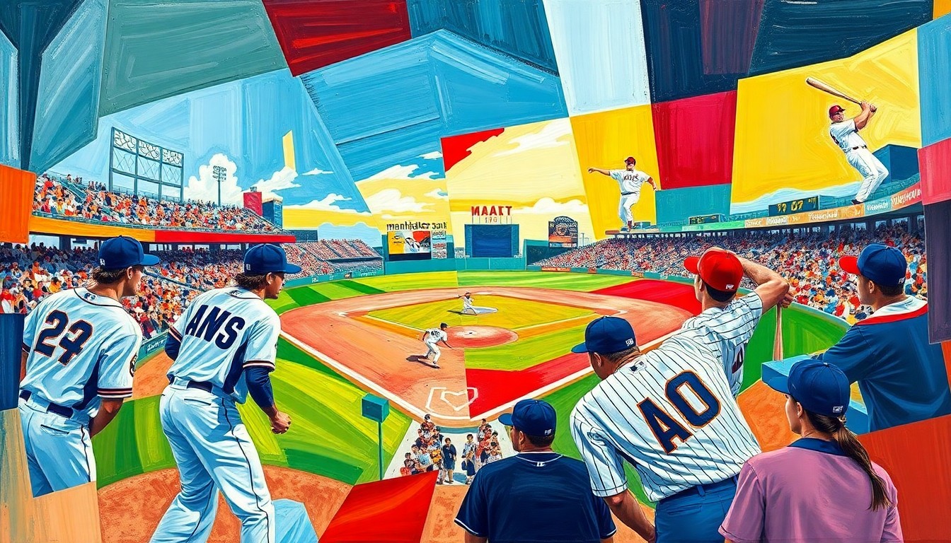 A cubist, geometric painting depicting a fractured, multi-angled view of a baseball game, with the bright colors of the competing teams' uniforms creating a vibrant, energetic composition.