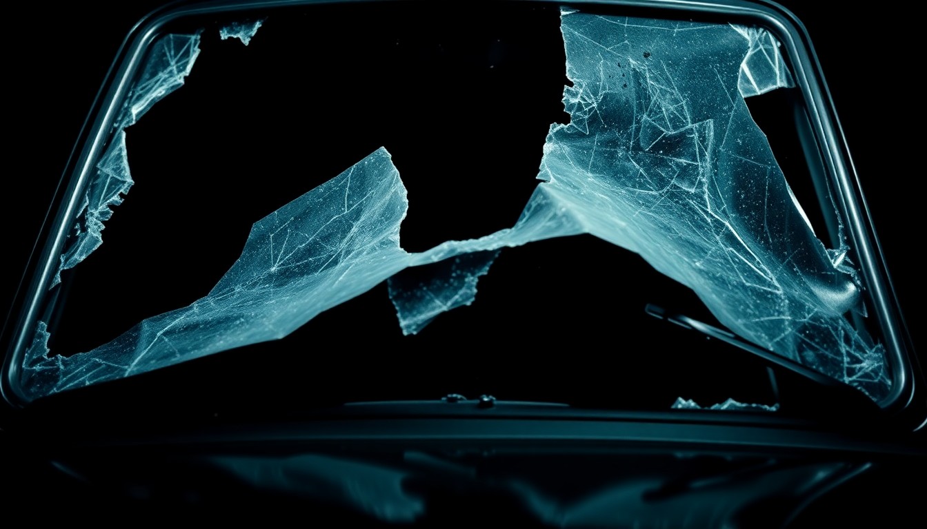An extreme close-up photograph of a car's shattered windshield and twisted metal frame, capturing the gritty aftermath of a fatal collision in stark, dramatic lighting.