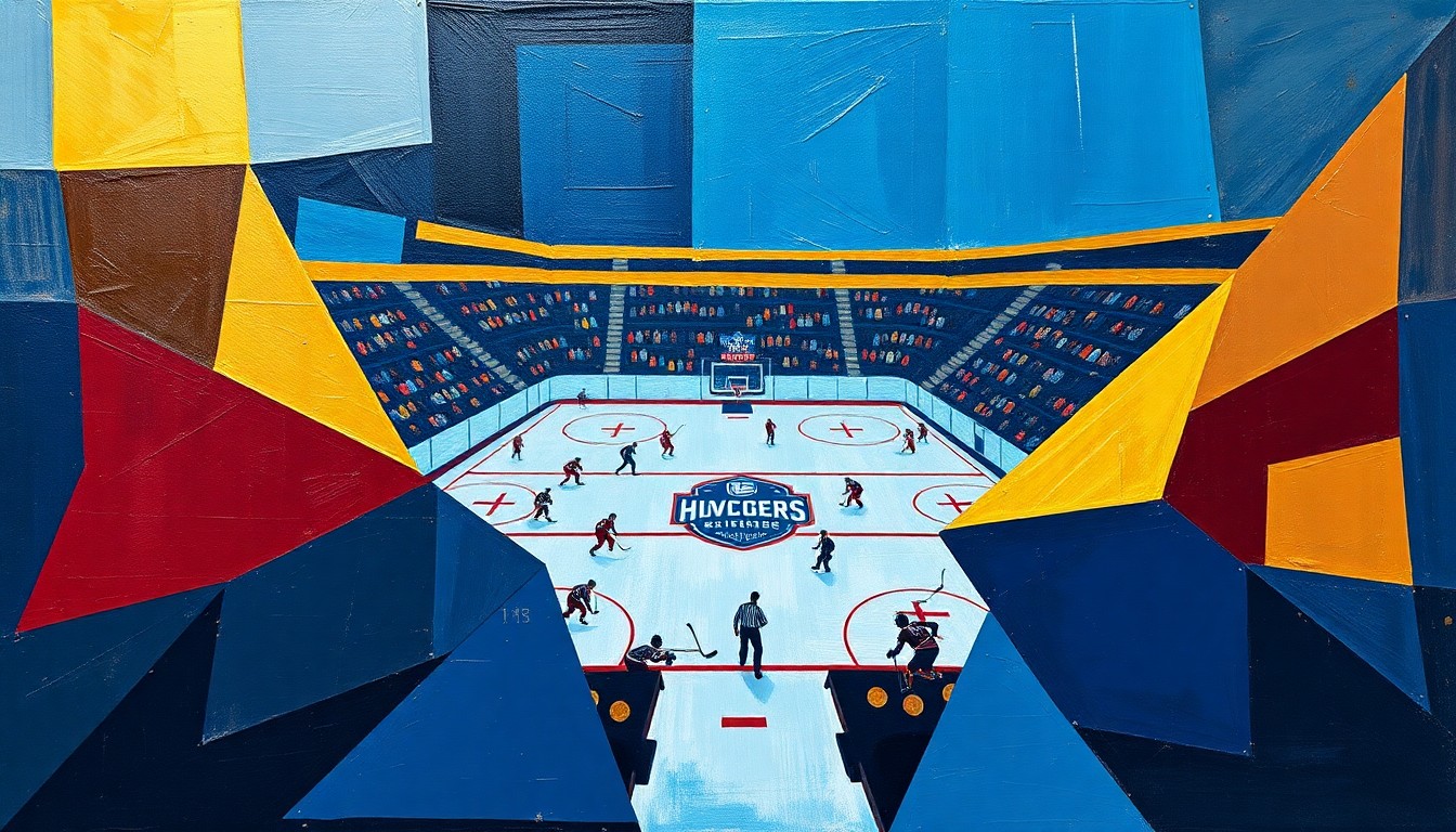 A cubist, geometric painting depicting the chaotic action of a college hockey game, with players and the puck fragmented into overlapping angular shapes in navy, maroon, and gold.