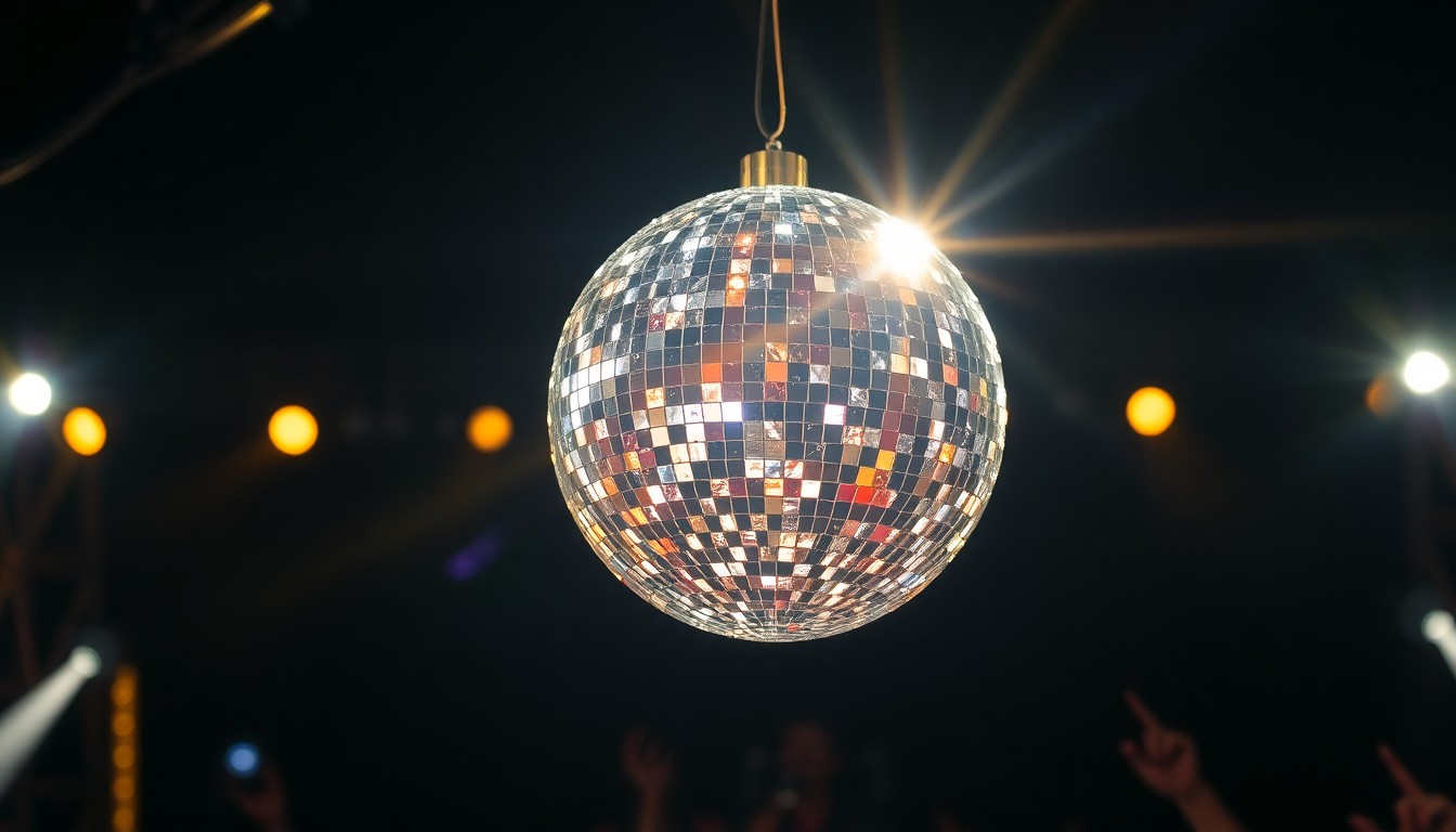 An extreme close-up photograph of a shimmering, glittering disco ball suspended in mid-air, capturing the high-energy and glamour of a live music festival through dramatic lighting and abstract texture.