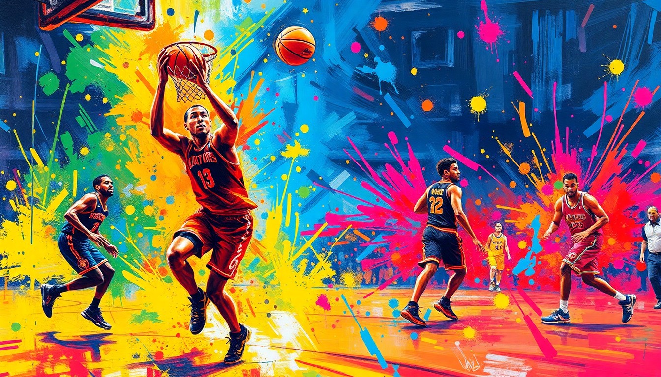 An abstract, expressionist painting featuring vibrant neon brushstrokes and splatters of color that capture the raw energy and intensity of a basketball game, without any recognizable figures or text.