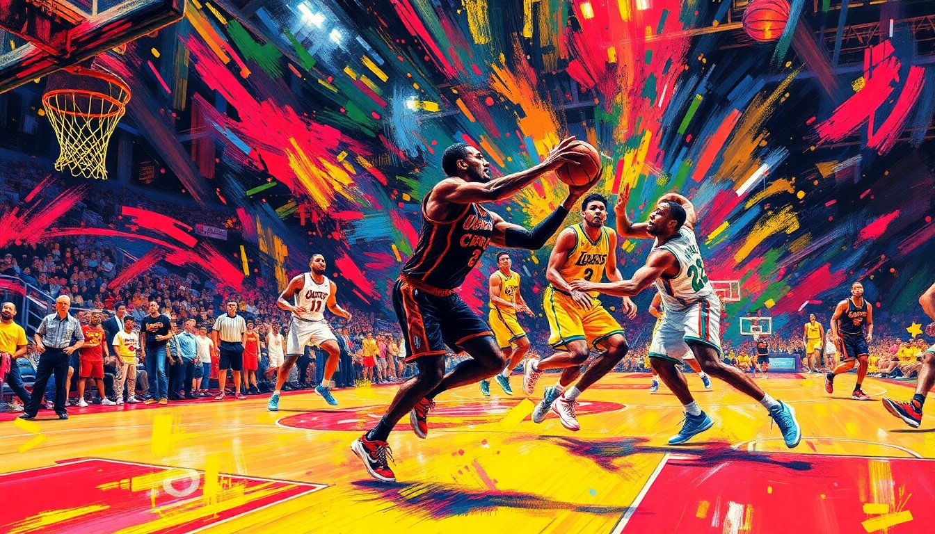 An abstract, energetic painting in neon colors and loose brushstrokes, conveying the intensity and movement of a basketball game.