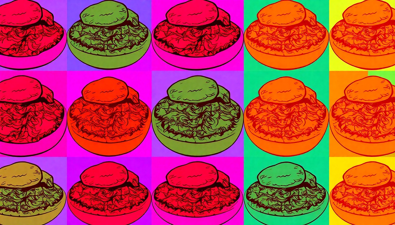 A brightly colored, high-contrast silkscreen print of a stack of homestyle Southern dishes like fried chicken, collard greens, and sweet potato pie, repeated in a tight grid pattern in the style of Andy Warhol. The image utilizes flat, vibrant, and unnatural neon color palettes overlapping with heavy black photographic outlines to turn everyday comfort food into modern pop art.