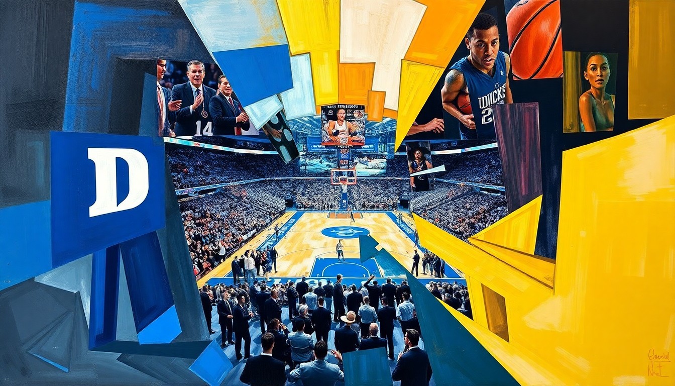A cubist-style painting featuring overlapping geometric shapes and planes in shades of blue, green, and red, conceptually representing the final moments of the Duke vs. UConn NCAA Tournament game.
