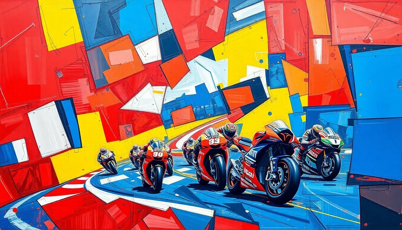 A fragmented, geometric painting depicting a MotoGP race scene, with overlapping planes of color and motion, conveying the dynamic and competitive nature of the championship.