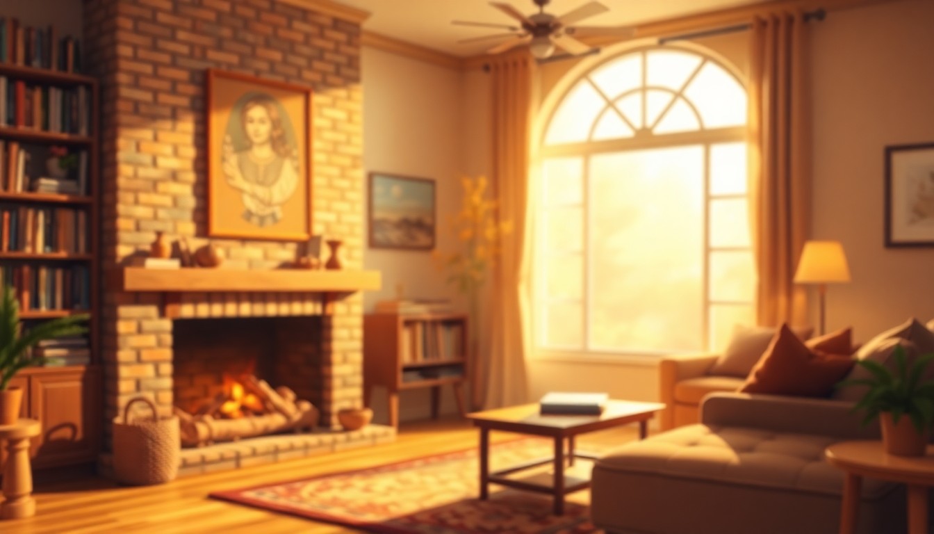 An extremely abstracted, out-of-focus photograph of a cozy living room scene, with a fireplace, bookshelves, and a large window, all captured in soft, warm pools of light and color, conceptually representing the opportunity to personalize a home.