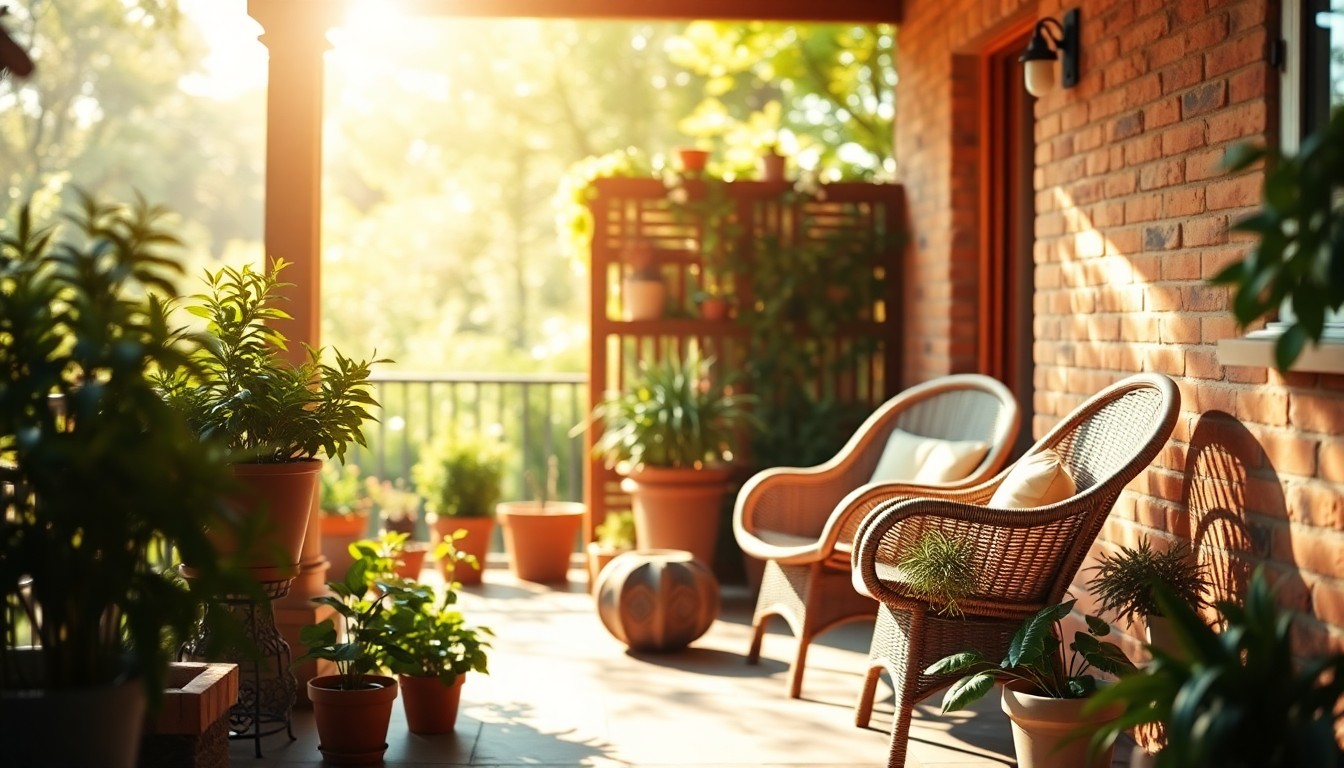 An extremely abstracted, out-of-focus photograph of a cozy patio scene with warm pools of light and color, conveying a sense of relaxation and connection to nature.