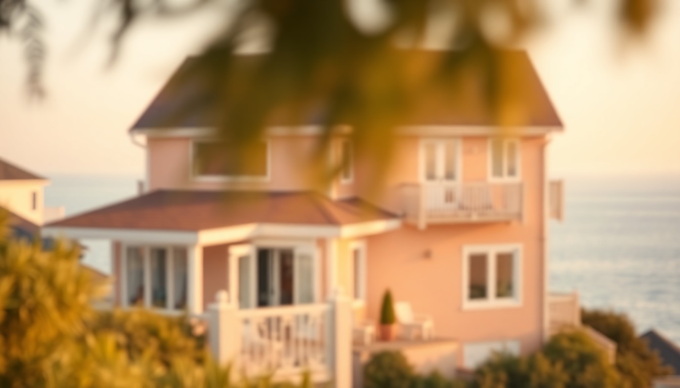 An extremely abstracted, out-of-focus photograph in soft pools of warm color and light, depicting the exterior of a coastal townhouse with a glimpse of the bay in the background, conveying a sense of tranquility and relaxation.