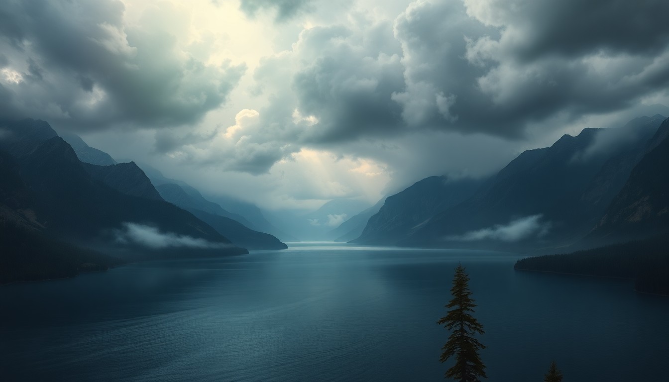 A vast, majestic landscape painting in muted tones of gray, blue, and white, with the lake and surrounding mountains obscured by heavy, atmospheric clouds and mist, conveying the mood of an impending storm at Lake Tahoe.