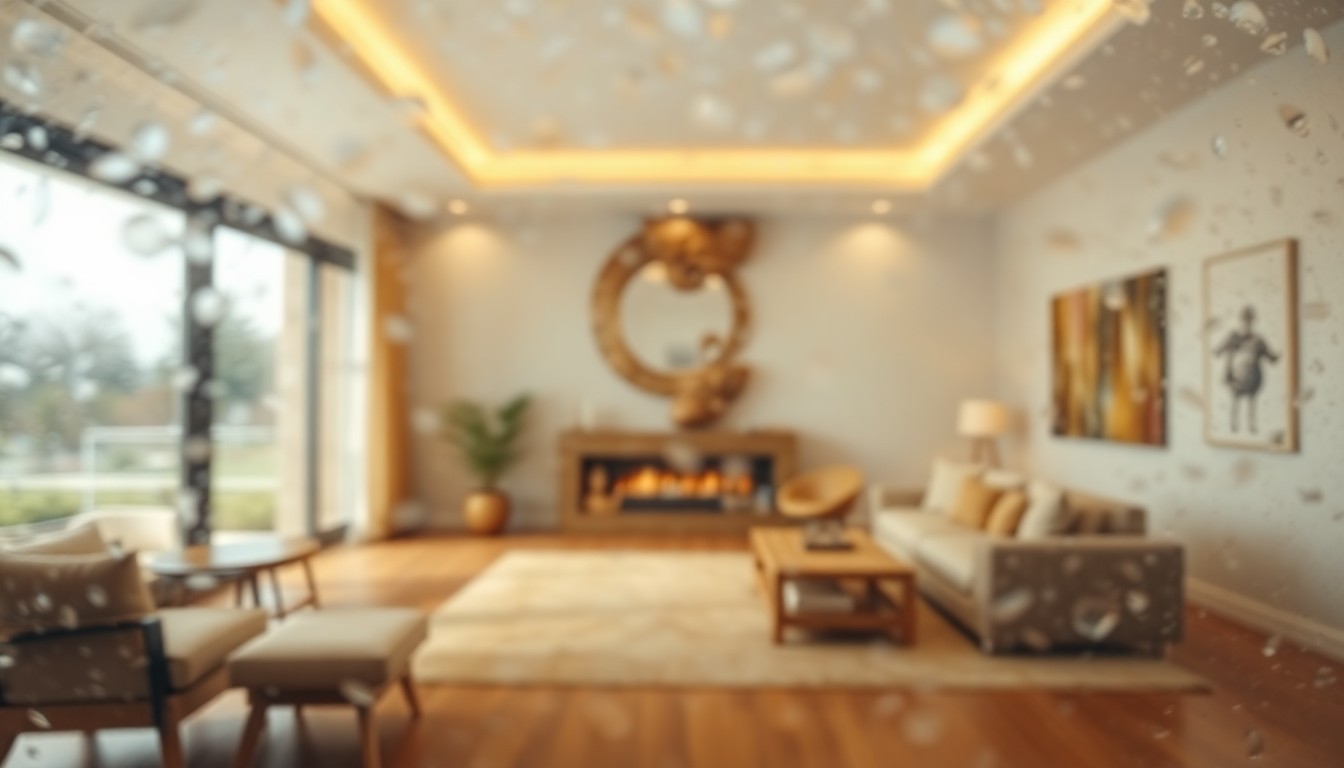 An abstract, out-of-focus image composed of soft, warm colors and light, depicting the interior of a luxurious contemporary home.