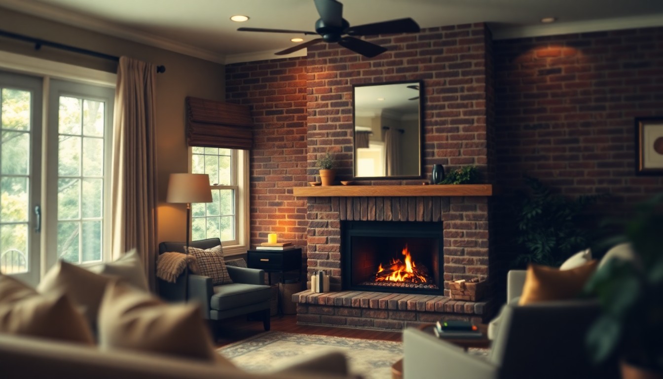 An extremely abstracted, out-of-focus photograph of a cozy living room with a brick fireplace, warm lighting, and hints of natural greenery outside, conveying the welcoming atmosphere of a Florida home.
