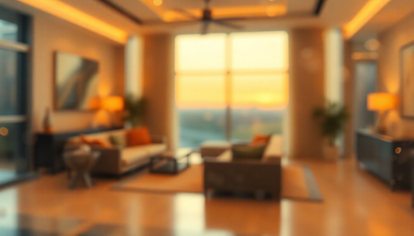 An abstract, impressionistic photograph of a modern home interior with soft, warm pools of light and color, conveying a sense of elegance and comfort.