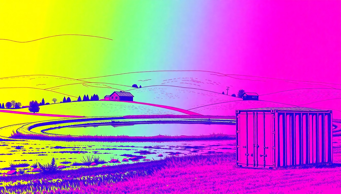 A brightly colored, high-contrast silkscreen print featuring a repeating grid of a rural landscape with a pond, rolling hills, and a metal storage container, rendered in a bold, abstract pop art style.