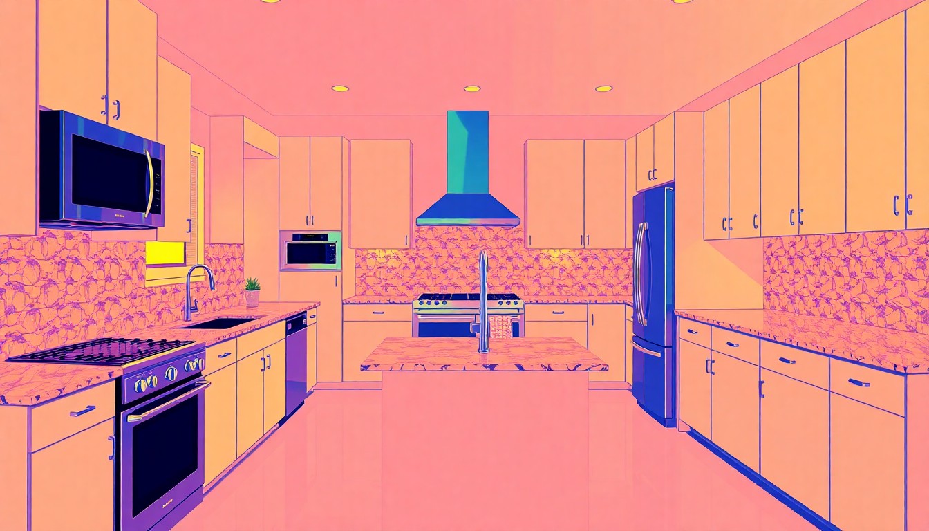 A brightly colored, high-contrast silkscreen print of a modern kitchen with granite countertops, stainless steel appliances, and a large center island, repeated in a tight grid pattern, conceptually representing the upscale finishes and lifestyle amenities of the Hatboro Station townhome.