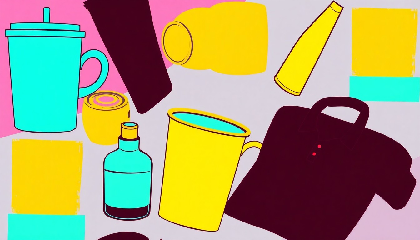 A brightly colored, high-contrast silkscreen print of a single, iconic lifestyle object such as a coffee cup or piece of clothing, repeated in a tight grid pattern in the style of Andy Warhol, capturing the modern, consumer-focused aesthetic of this newly renovated home.