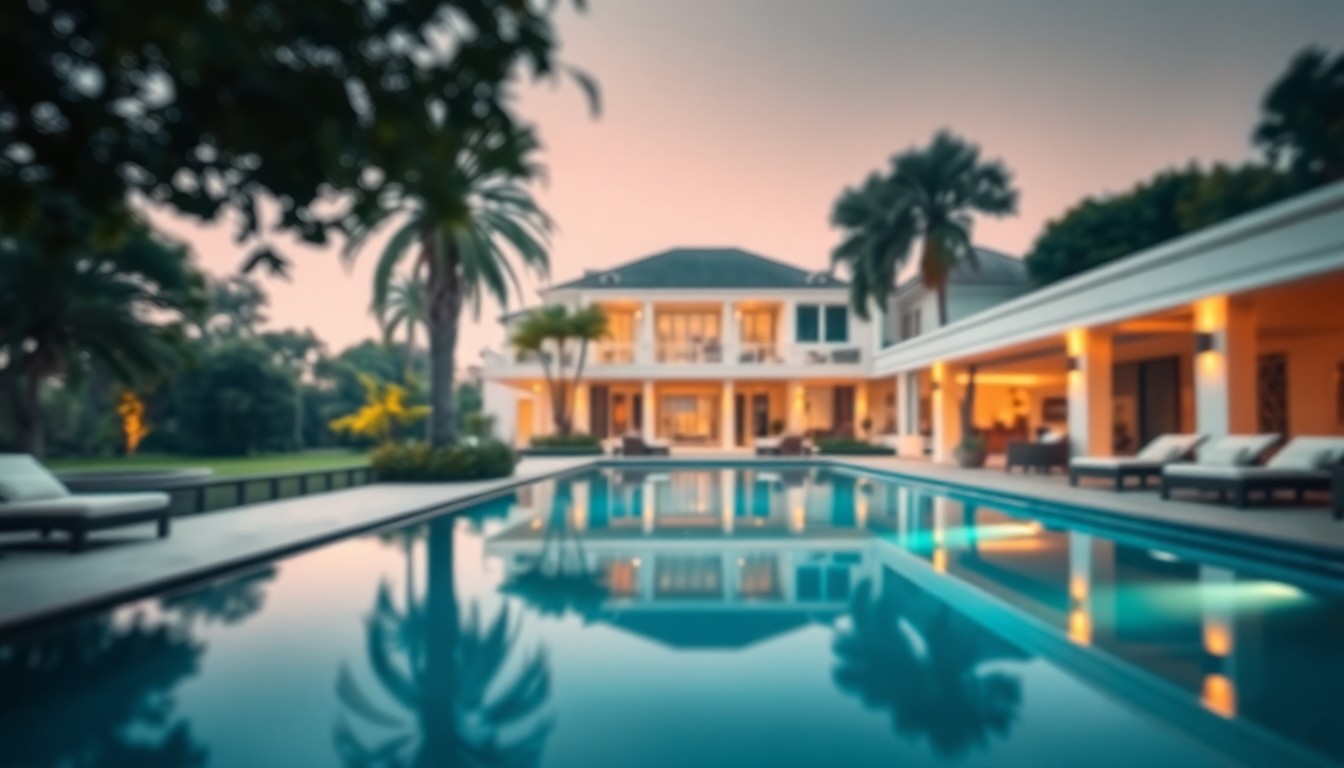 An abstract, out-of-focus photograph in warm, hazy tones depicting a luxurious outdoor living space with a swimming pool, lush greenery, and a glimpse of a grand, modern home in the background, conceptually representing the high-end amenities and private setting of the Virginia Beach property.