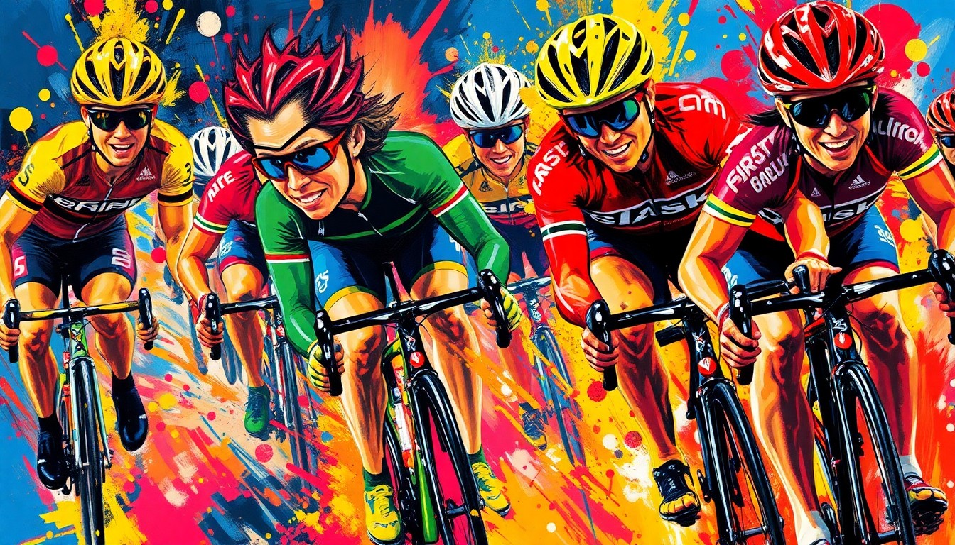 An abstract, expressionist painting in neon colors depicting the dynamic motion and energy of a cycling race, with blurred figures and shapes representing the athletes and spectators.