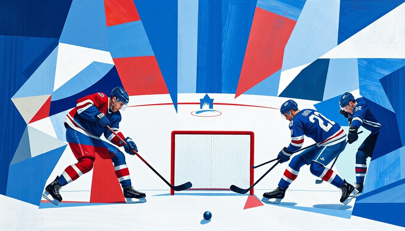 A cubist-style painting featuring overlapping geometric shapes in blue, white, and red, abstractly depicting a hockey game with the puck and goal net as central elements, conveying the dynamic action and intensity of the Admirals' comeback win.