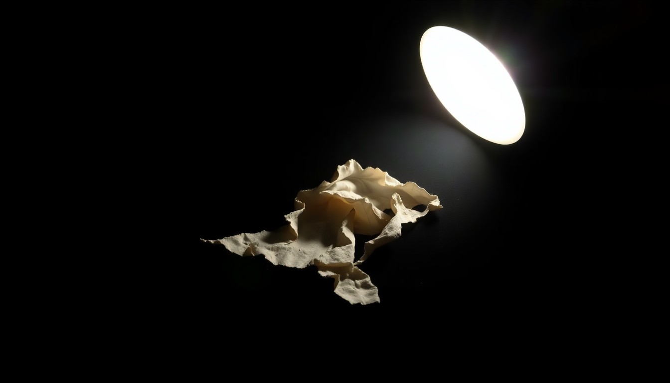 An extreme close-up photograph of a tattered piece of cloth, its fibers and textures dramatically illuminated by a harsh camera flash, conceptually representing the somber discovery of unidentified remains in the search for a missing Native American woman.