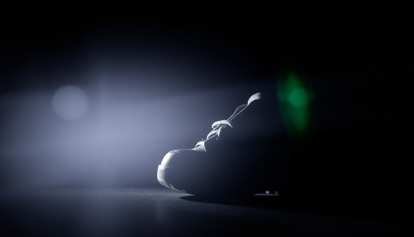 An extreme close-up photograph of a child's shoe against a pitch-black background, lit by a harsh, direct camera flash, conceptually illustrating the investigation into a missing child case.