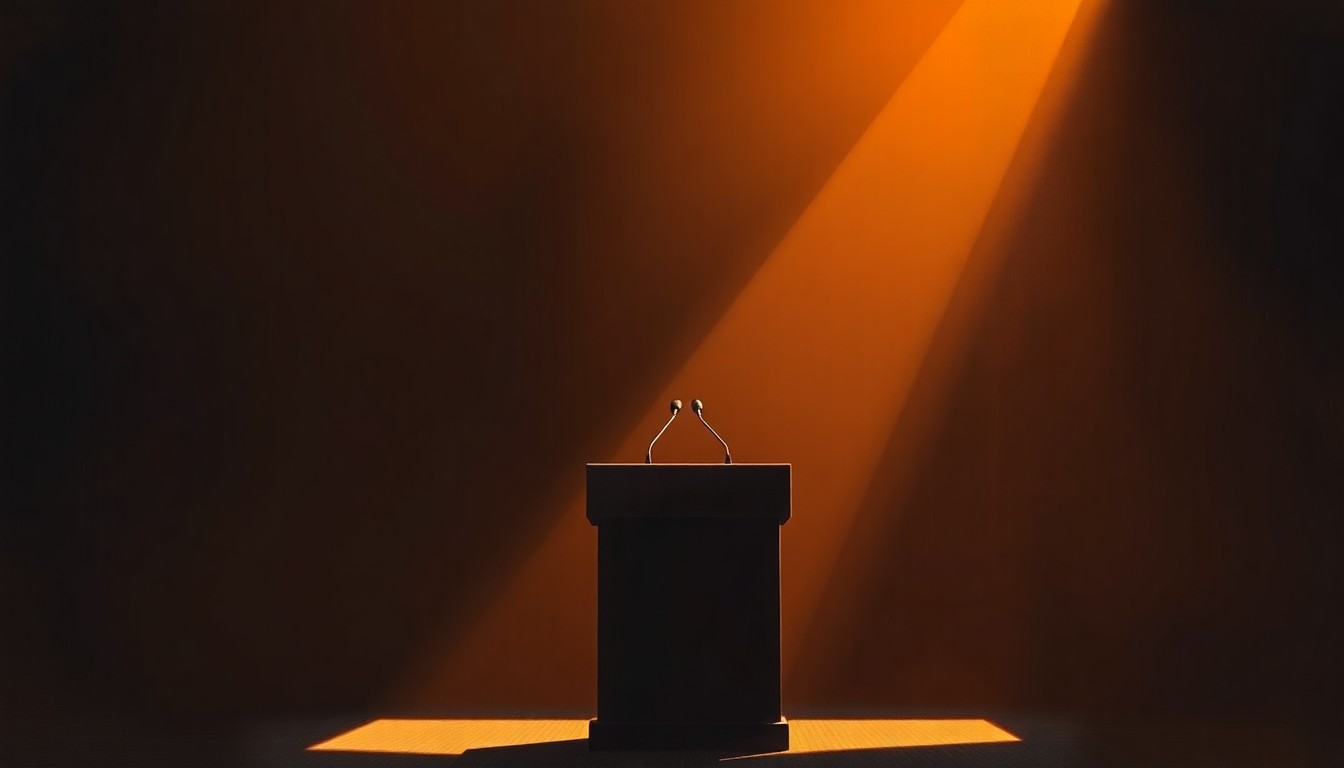 A dimly lit, cinematic painting of a solitary political podium, its surfaces bathed in warm, diagonal sunlight and deep shadows, conveying a sense of melancholy and disillusionment with the current state of American politics.