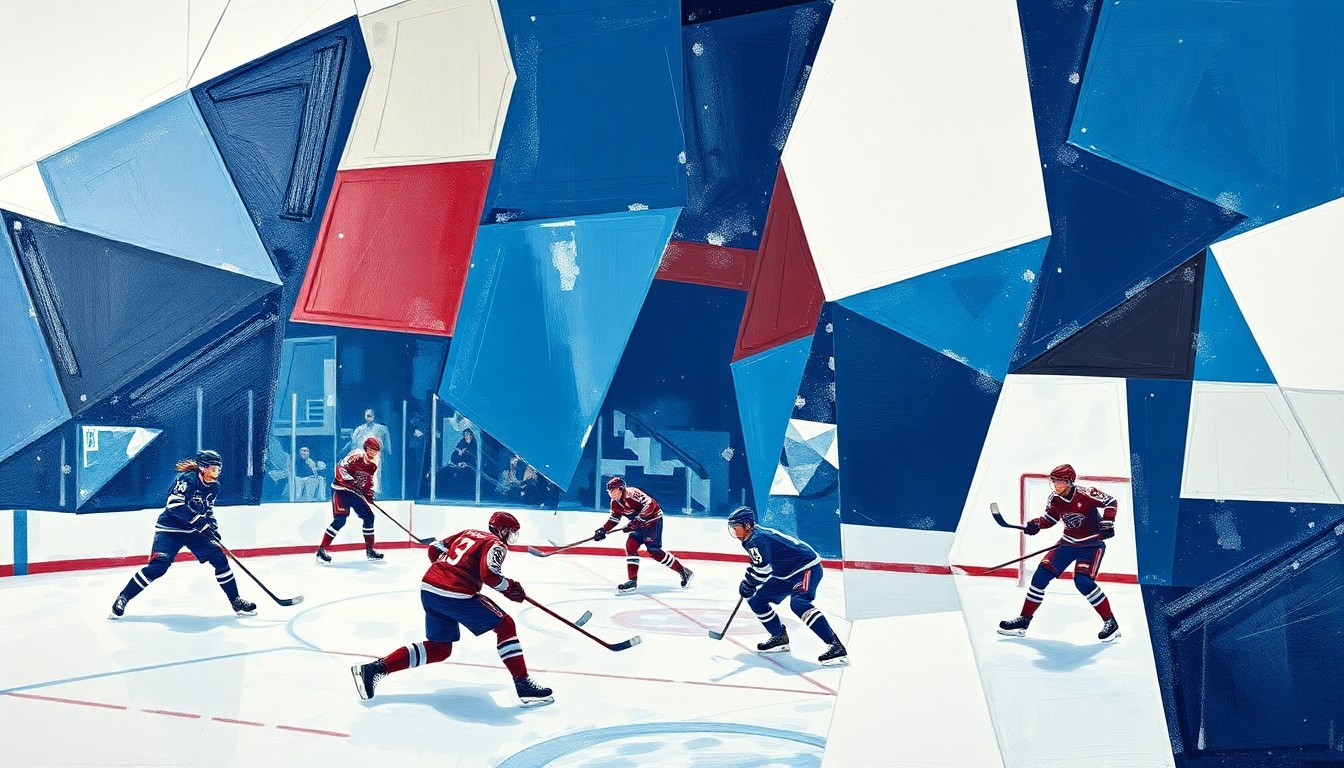 A fractured, multi-perspective painting depicting the dynamic movements and competition of a women's ice hockey game, with sharp, overlapping geometric shapes in navy blue, maroon, and white.