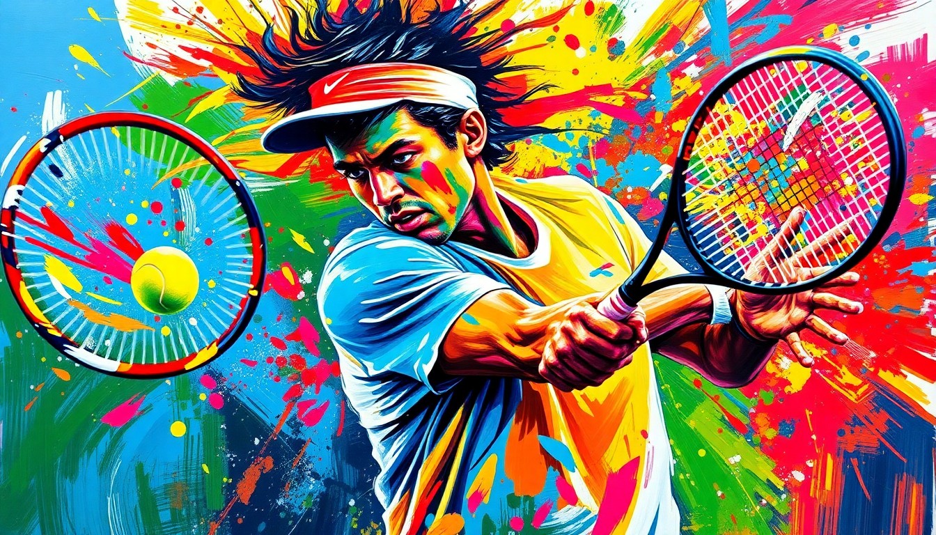 An abstract expressionist painting in neon colors depicting the dynamic motion of a tennis player's swing, with their face and details blurred into vibrant brushstrokes.