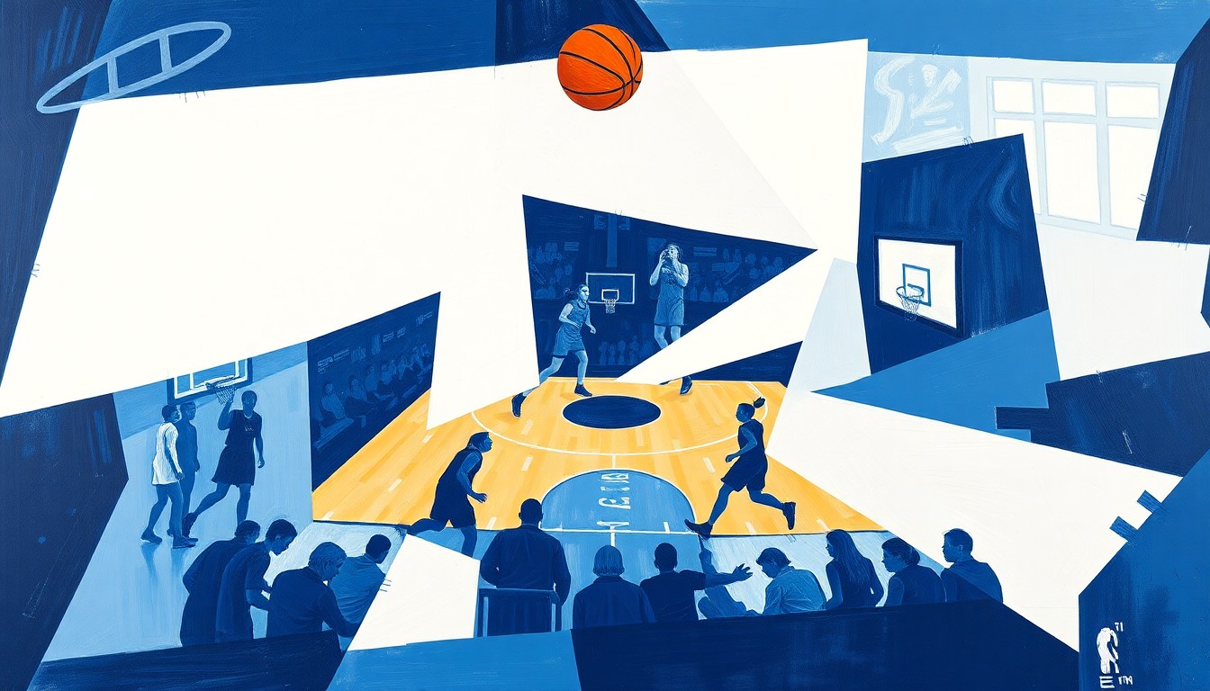 A cubist, geometric painting depicting the dynamic movements and energy of a women's basketball game, with overlapping planes of navy, sky blue, and white colors.