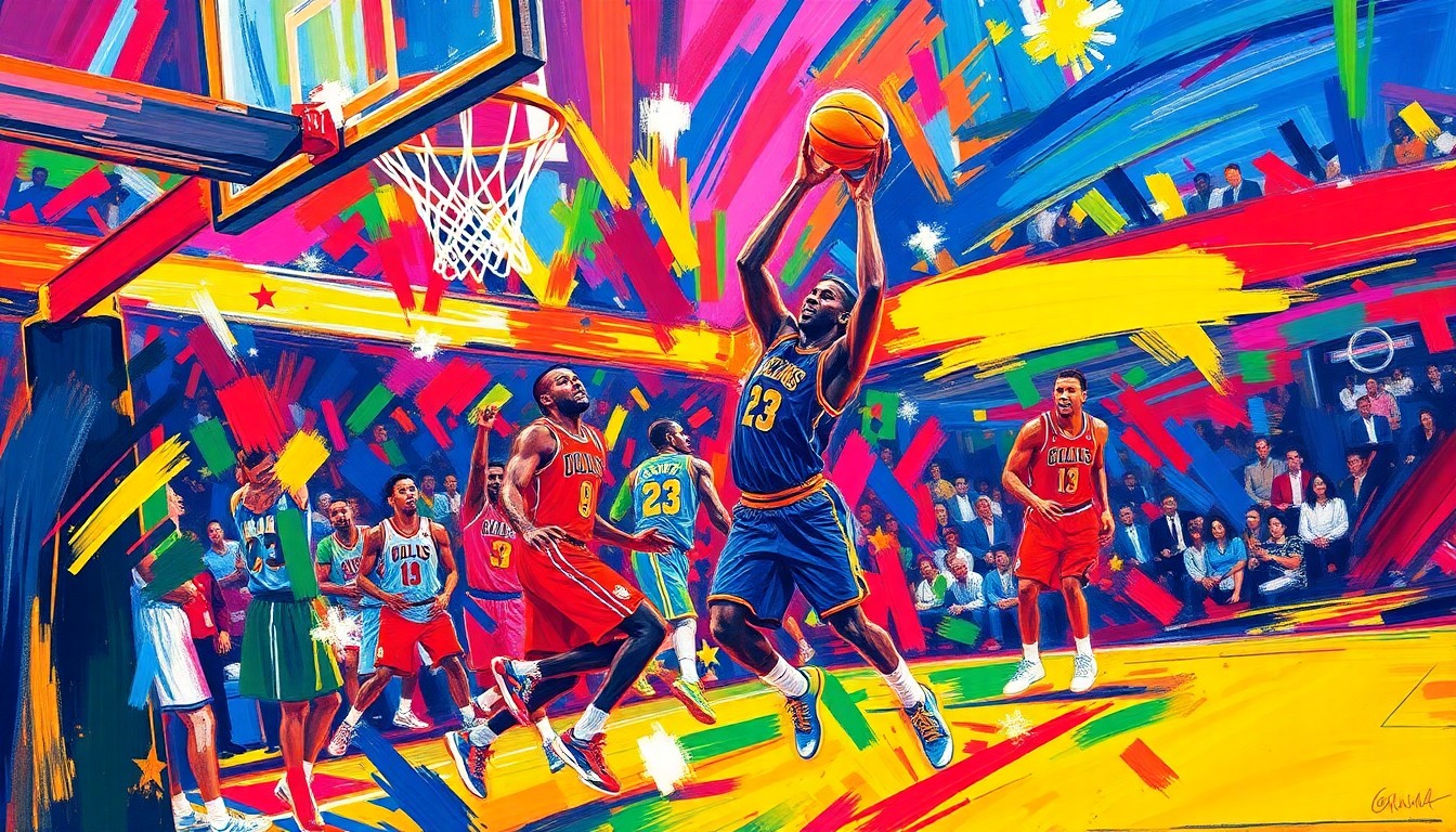 An abstract painting in neon colors and expressive brushstrokes, conveying the raw energy and intensity of a high-scoring NBA basketball game.