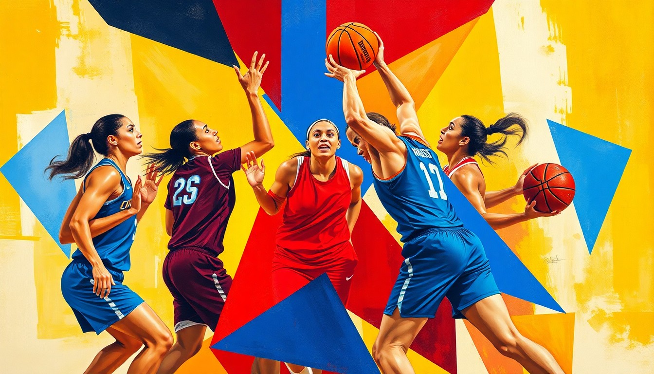 A cubist-inspired painting featuring fragmented, geometric shapes in shades of blue, red, and yellow, capturing the dynamic energy and movement of a women's basketball game.