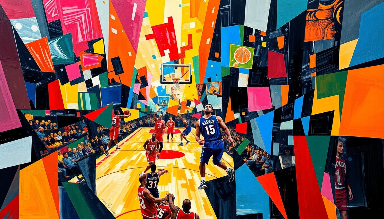 A cubist, geometric painting depicting the chaotic energy of an NBA playoff game, with the uniforms and movements of the players broken down into sharp, overlapping planes of vibrant color.