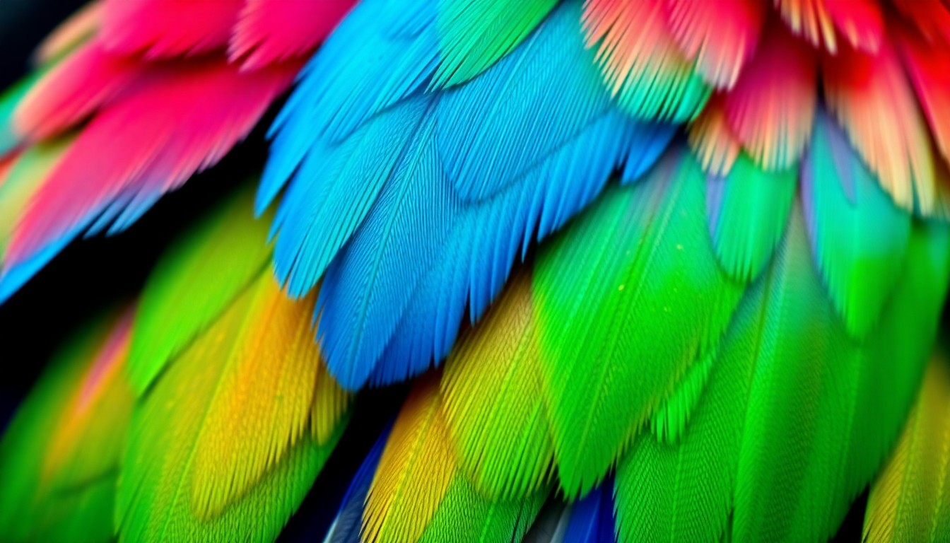 An extreme close-up photograph of vibrant, iridescent parrot feathers in shimmering emerald, sapphire, and ruby hues, captured with dramatic studio lighting to create a luxurious, high-fashion aesthetic.