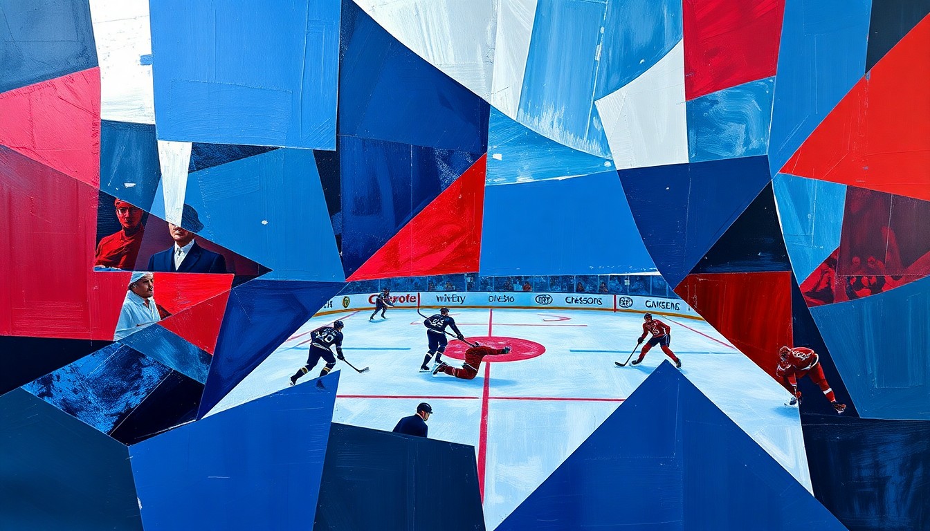 A cubist, geometric painting depicting a hockey game, with sharp, overlapping planes of navy blue, crimson red, and metallic silver, capturing the dynamic energy of the sport.